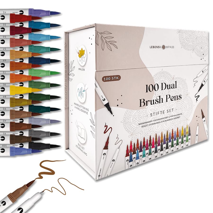 LEBENSKOMPASS® Brush Pen Set mit 100 wasserbasierten Dual Pinselstiften - Magnetbox mit Pinselstifte für Malbuch für Erwachsene, Handlettering, Kalligraphie & dein Bullet Journal