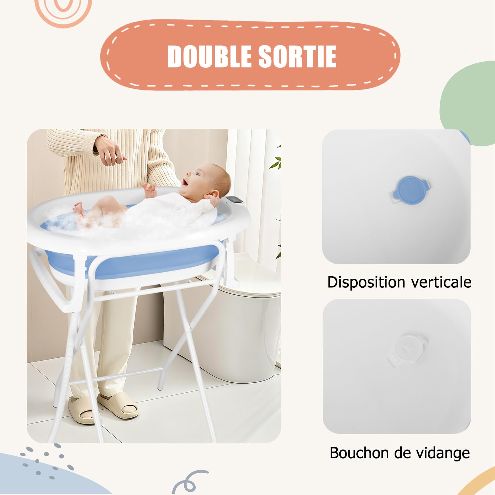 3 en 1 bañera plegable para bebé con manguera de drenaje – termómetro integrado – cojín de baño y correas de sujeción – bañera plegable para bebé escalable – regalo de nacimiento