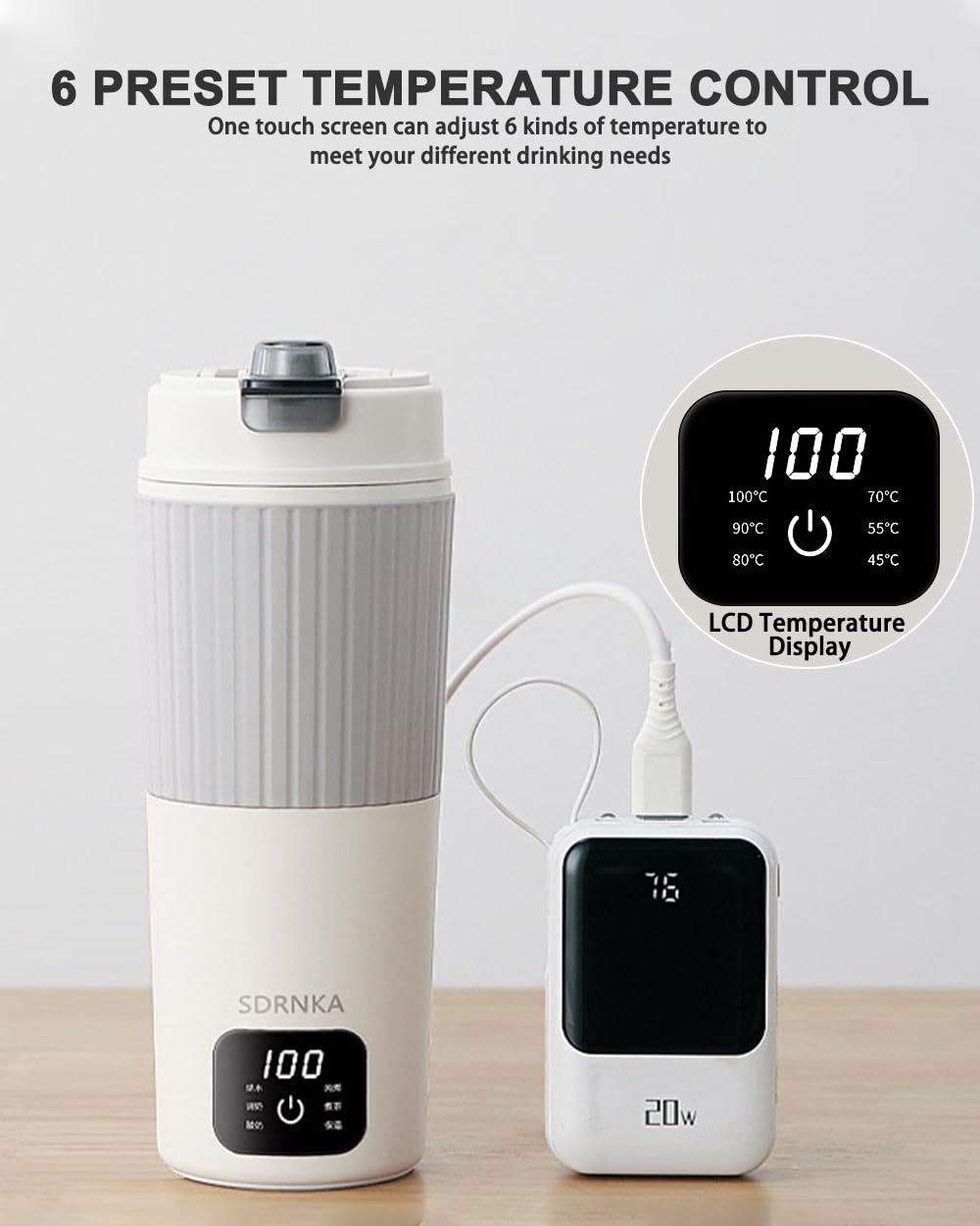 Travel Electric Kettle with Dual Interface Heating Europlug and USB C Port, 316 Stainless Steel, 650 ml Portable Tea Coffee Kettle Water Boiler, 6 ustawień temperatury, elektryczny podgrzewacz wody