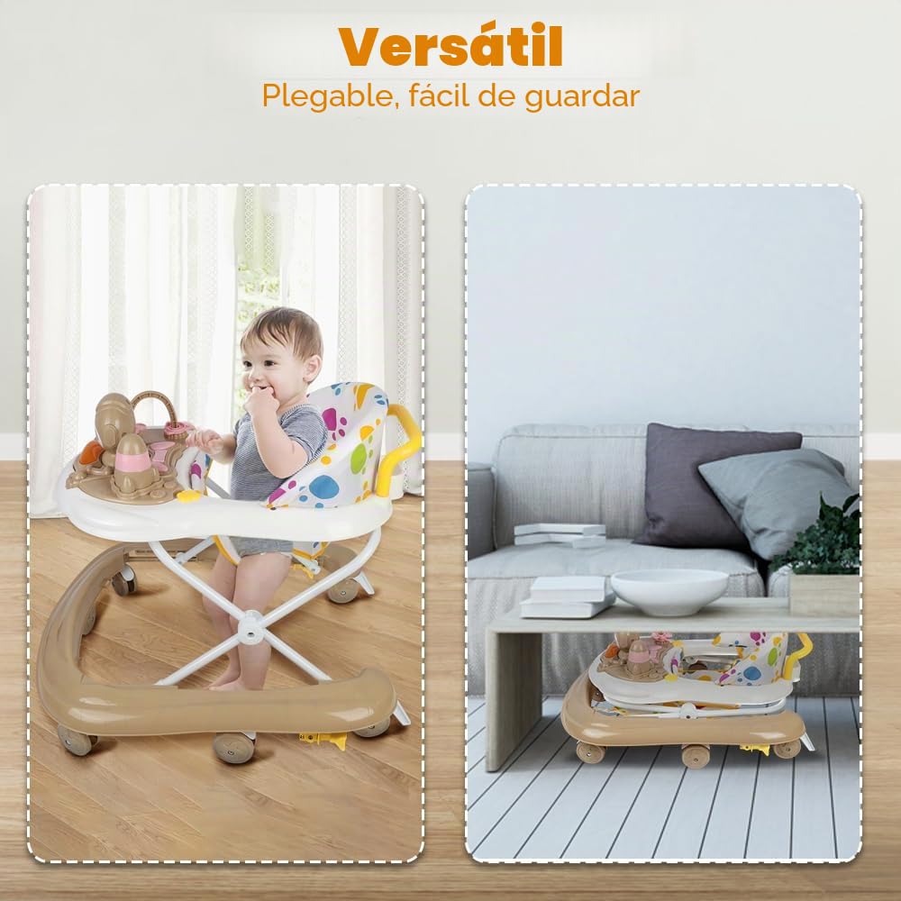 Andador para bebé con musical, andador de bebé fácilmente plegable, placa extraíble, toldo de coche, 6 a 18 meses, hasta 12 kg, 62 x 68 x 36 – 81 cm, color caqui