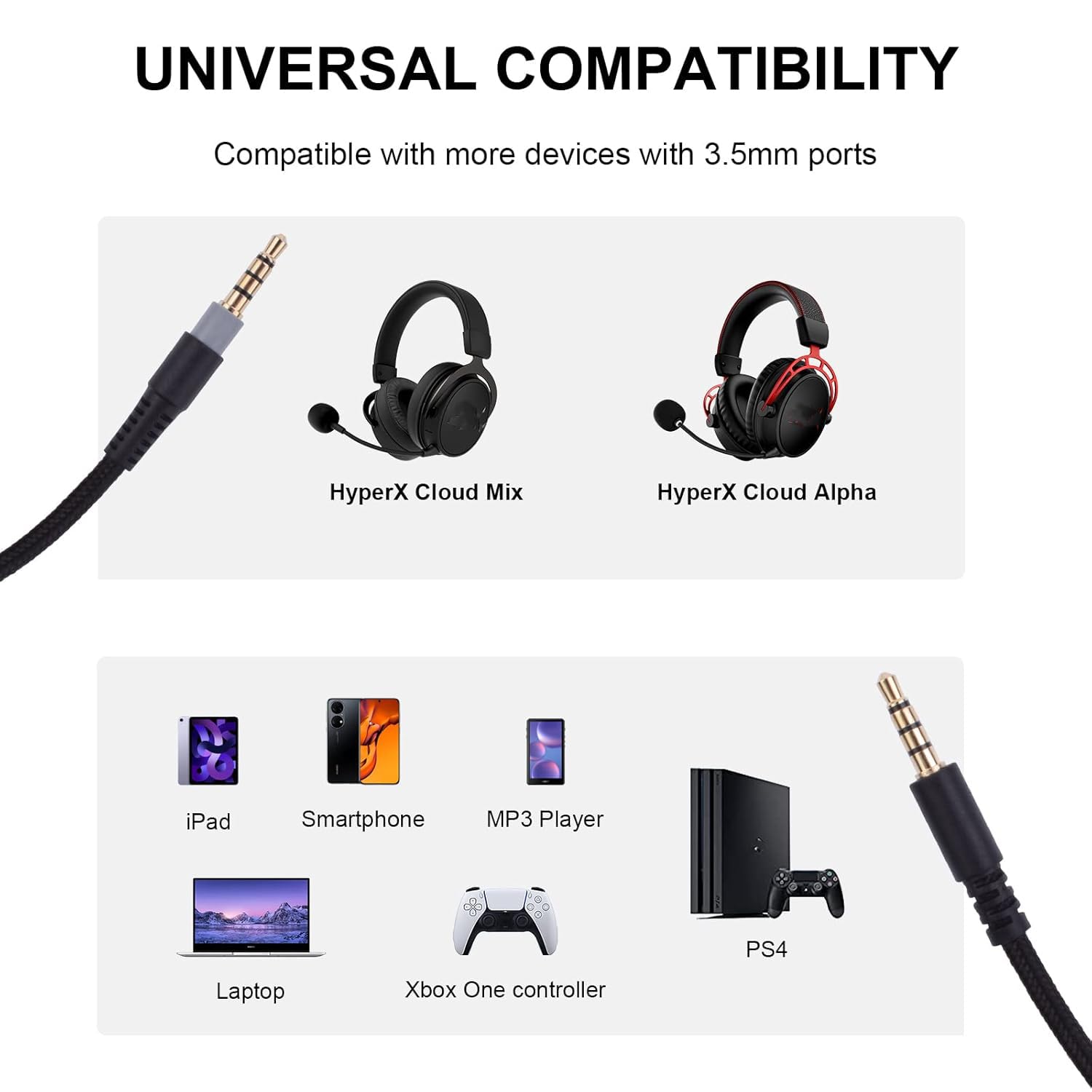 Câble De Remplacement HyperX Cloud Alpha - Cordon Auxiliaire 3,5mm Avec Micro Et Contrôle Volume 1,5m