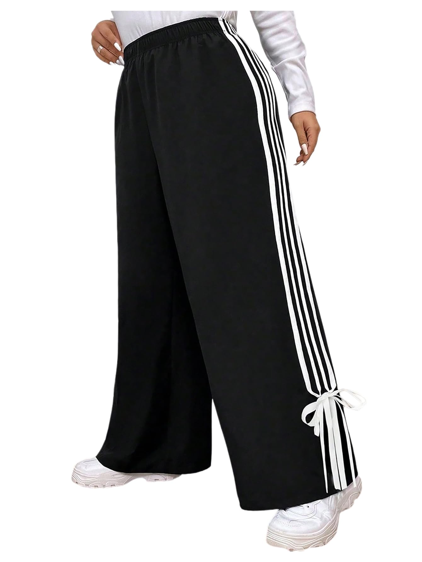 Verdusa Womens Plus Size Bow Striped Wide Leg Long Pants High Rise Casual Loose Trousers