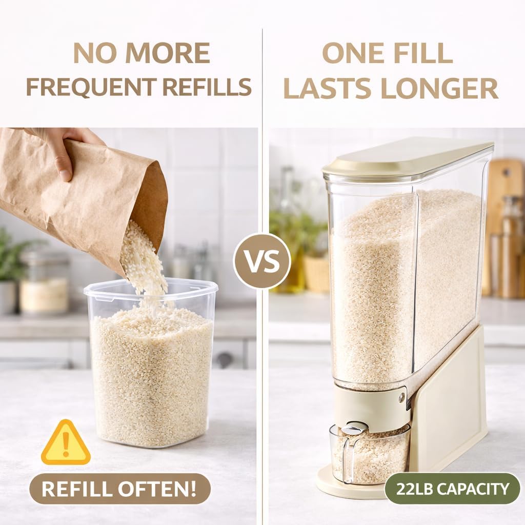 Rice Dispenser, Airtight Rice Storage Container with One Touch Measuring Cup, Slim Grain Dispenser for Small Space, Rice Flour Cereal Pet Food Storage, Pantry Organizer, White, 22 lbs
