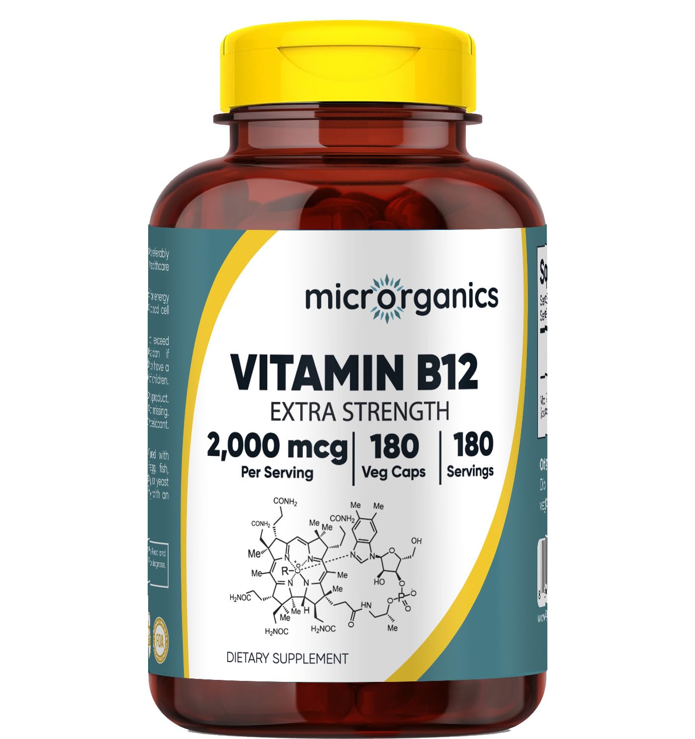 Vitamin B12 2,000 mcg Extra Strength – Energy, Focus & Nervous System Support – Cyanocobalamin Form – 180 Vegan Capsules, 180 Servings