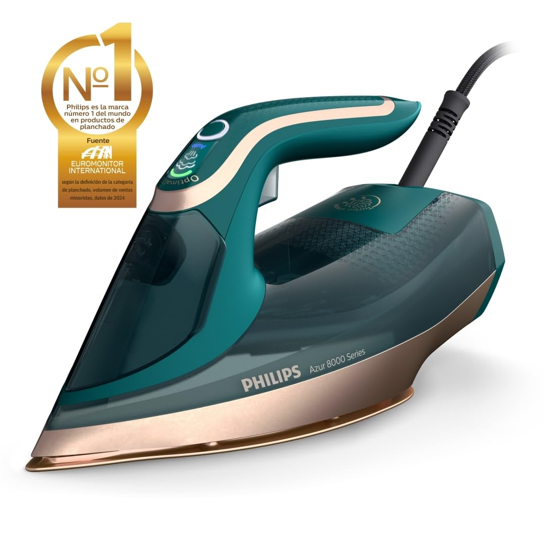 Philips Azur 8000 Plancha de Vapor, 3000W, depósito 305 ml, Verde Ópalo | Golpe de vapor 240g, 70g/min continuo, OptimalTEMP sin quemaduras, suela SteamGlide Elite, vapor vertical (DST8030/70)
