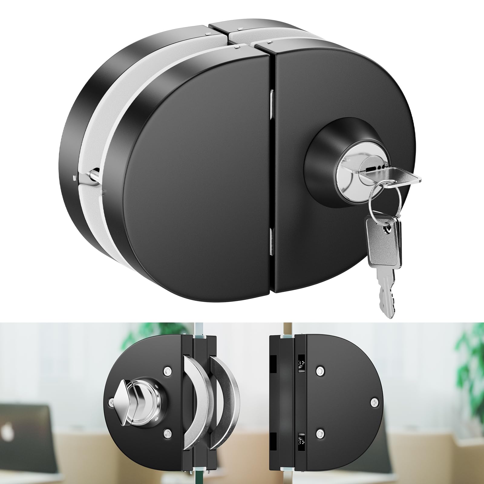 Serratura per porta in vetro senza fori, finitura nera opaca, con chiave e pomello, compatibile con vetro temperato 10-12 mm, installazione rapida, design moderno anti-effrazione, acciaio inox 304.