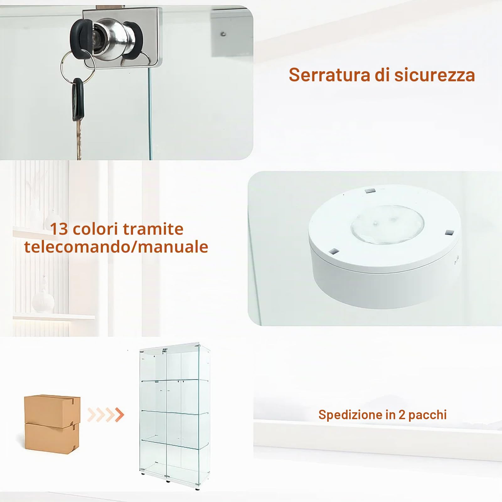 Vetrinetta con illuminazione LED, armadio espositivo bianco 164,5 x 80,6 x 36,5 cm, porte in vetro con serratura, vetrinetta a terra con 2 luci LED, vetro temperato di sicurezza da 5 mm