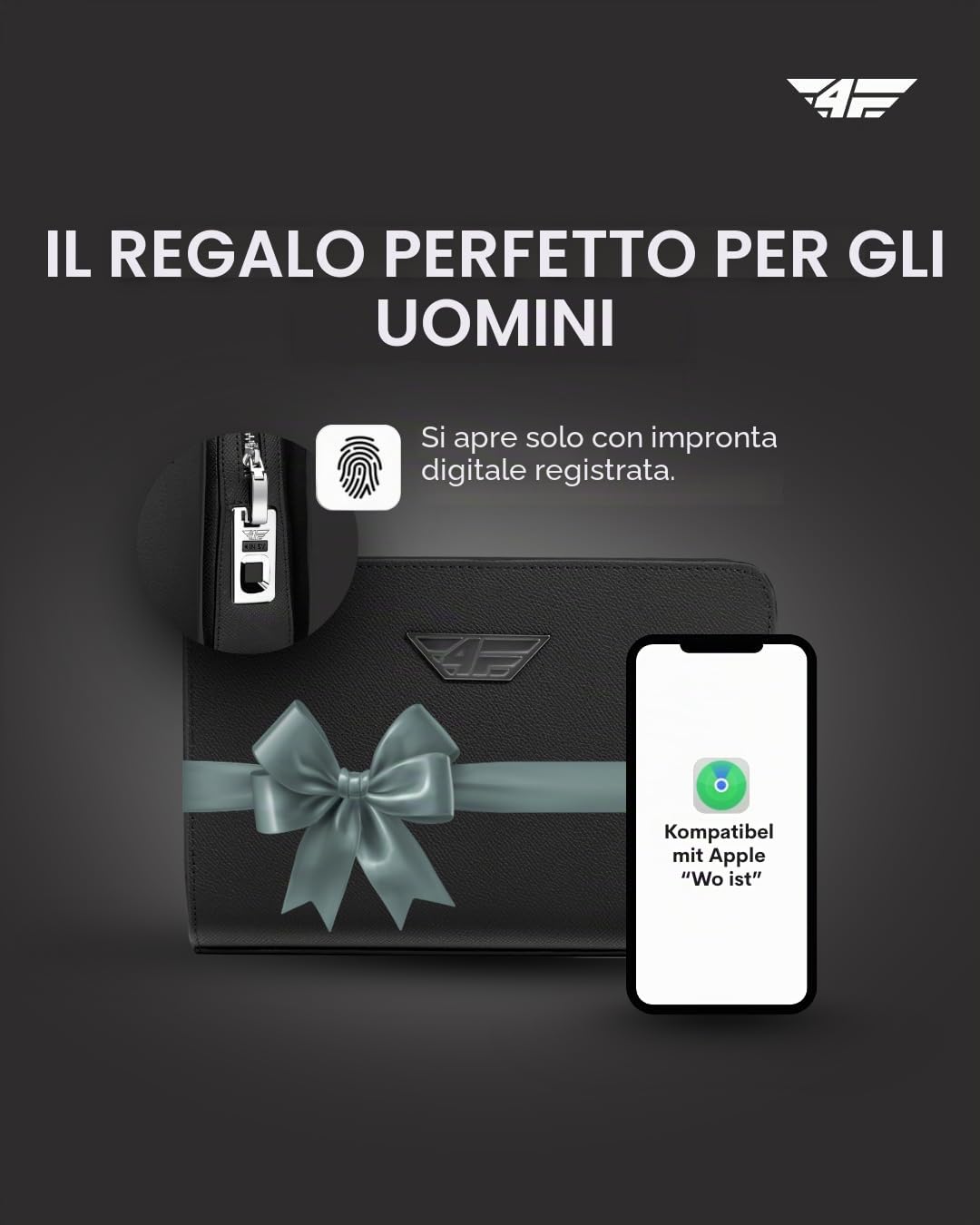 Borsa da uomo con serratura delle impronte digitali e smart tracker compatibile con Apple Dove è? APP, borsa da polso di sicurezza in pelle per uomo, pochette con scomparto per carte di credito e