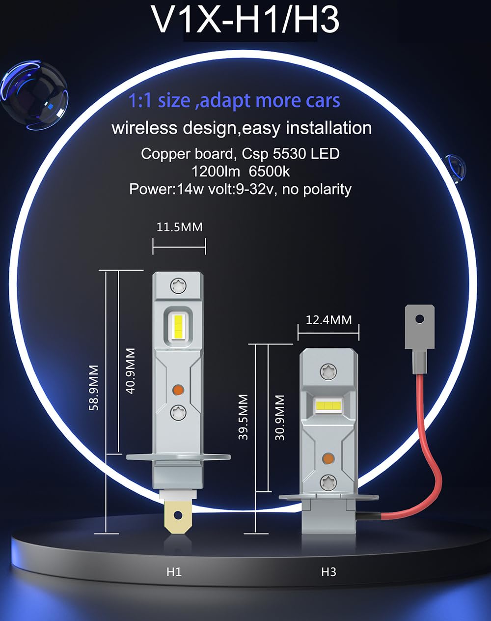 SageSunny Lampadina LED H3 Abbagliante Bianco 6000K, 9-36V, 6 Chip CSP, Mini Formato 1:1, Plug and Play, Predisposizione per Canbus, LED H3 per fendinebbia, DRL, Sostituzione alogena, Confezione da 2