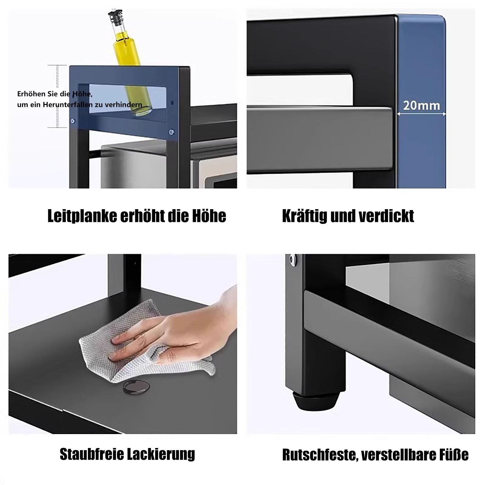 Estantería extensible para microondas, organizador para hornos, estante de cocina, estante de especias de pie, con 6 ganchos para encimera, estantes de panadería (negro)