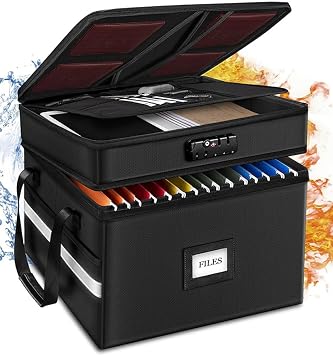 Dual Layer Fireproof Document Box with Lock, File Cabinet Organizer, Portable Folding File Storage Fire Safe with Reflective Strip, for Home Office