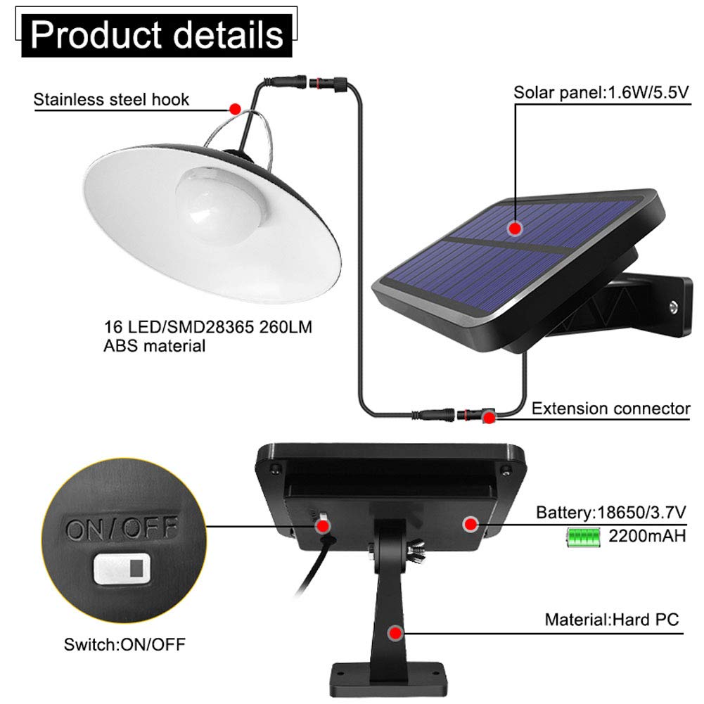 Lampada solare, 16 LED Telecomando per tettoia solare Lampada da esterno a sospensione solare per interni, Luci di sicurezza impermeabili per porta d'ingresso, Cortile,Bianca