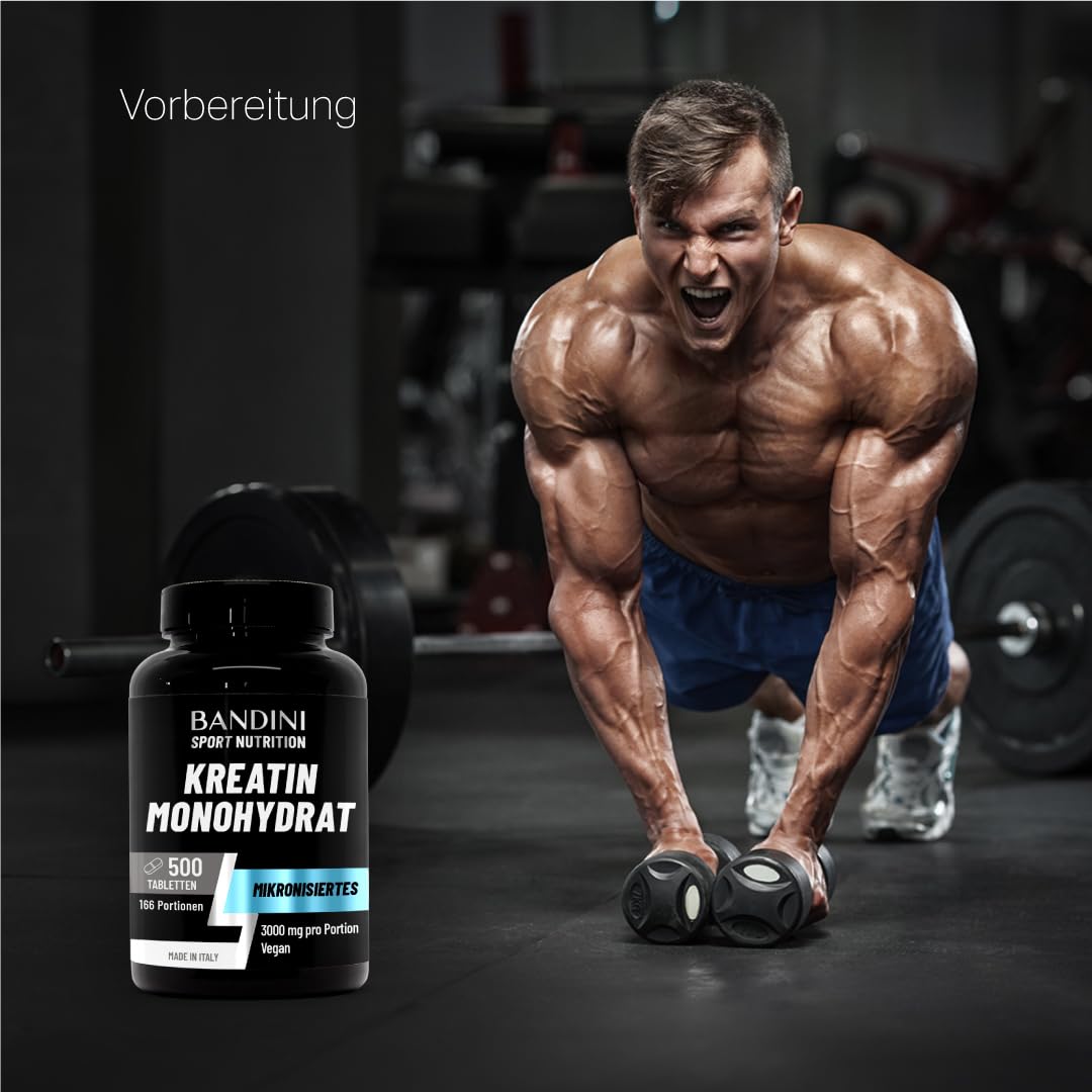 Bandini® Creatin Monohydrat 500 Tabletten | Training, Sport, Fitness | | Alternative zu Kreatin Kapseln & Pulver | Pre & Intra Workout | 100% Vegan Kreatinmonohydrat, Mesh Faktor 200 | Für 5 Monate