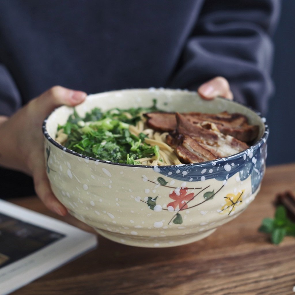 Nudelschale aus Keramik im japanischen Stil, handbemalt, Unterglasurfarbe, große Suppenschale, große Salatschüssel, Instant Nudelschale, Ramenschale, Müslischalen und Nudelschalen