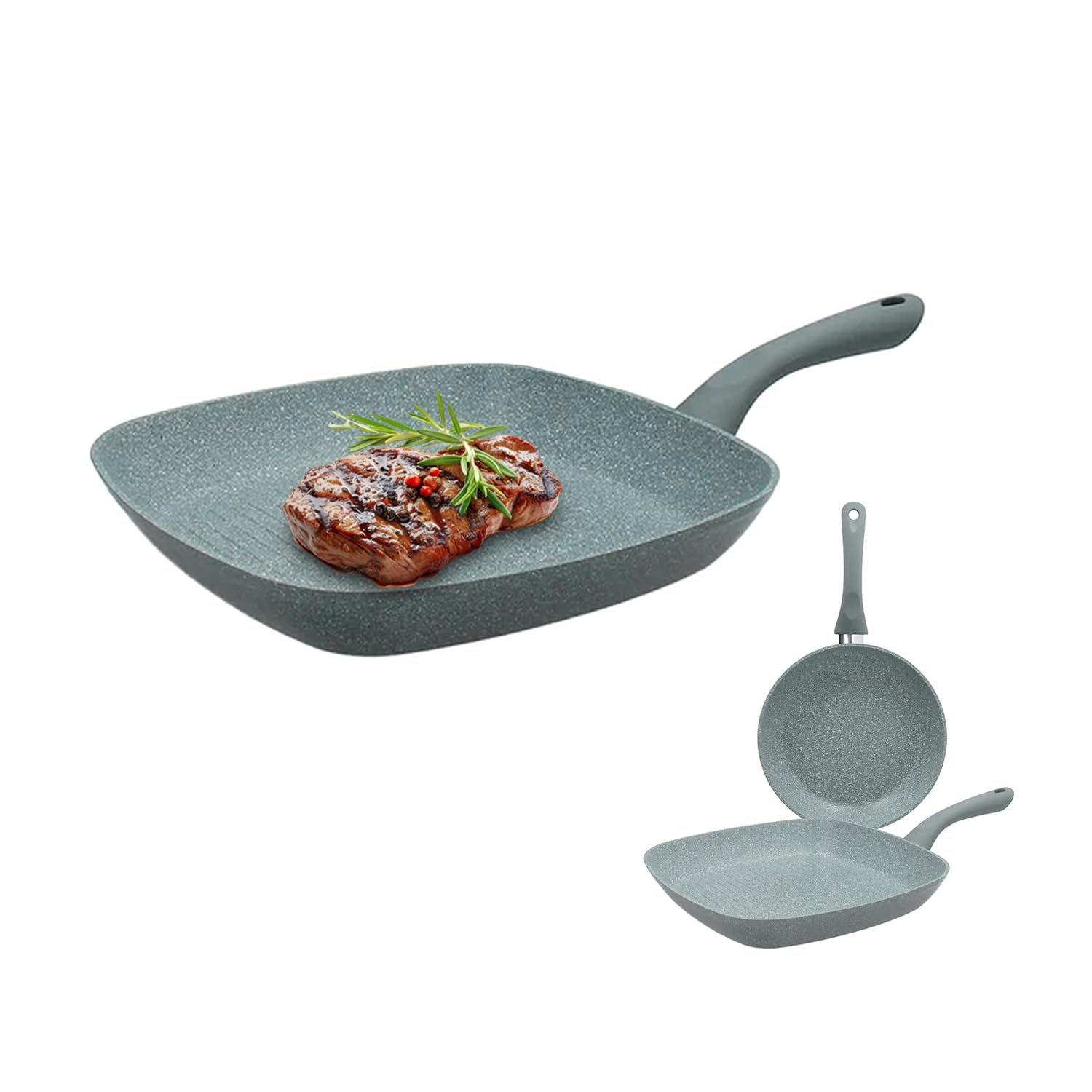 Avilia Set Padella Tonda con Grill Quadrata con Effetto Marmorizzato - Set Padella e Bistecchiera Ideali per Carne e Pesce, in Alluminio, Padella da 24cm e Bistecchiera 28x28cm