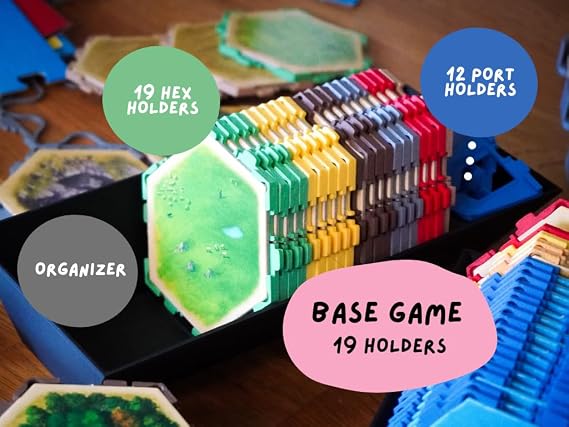 Hex Holders Board Game Organizer | 19 Pack + Port Holders or Full Expansion Combo | Non-Magnetic Tile Trays Compatible with Settlers of Catan Board Game