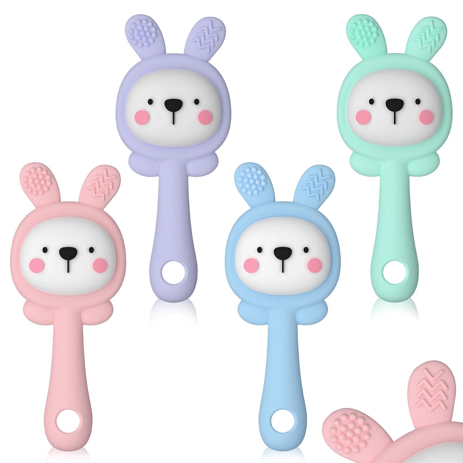 ABirdon Baby Teething Toys, 4PCS Silicone Chew Toys with Easy-Hold Handle & Bell, BPA-Free Sensory Infant Toy for Sore Gums, Age 0-3 Years