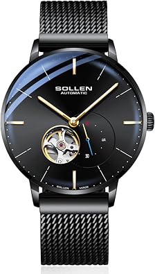 Mens Skeleton Automatic Watch, Black Minimalist Mechanical Watch