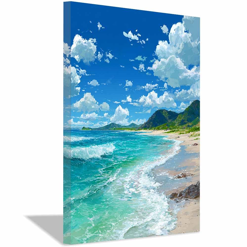 ZAMAEIU Impresión En Lienzo Océano Olas junto a la cala mar, playa,vista, arte de pared, carteles, imágenes para sala de estar, decoración del hogar（azul-60x90cm Enmarcado