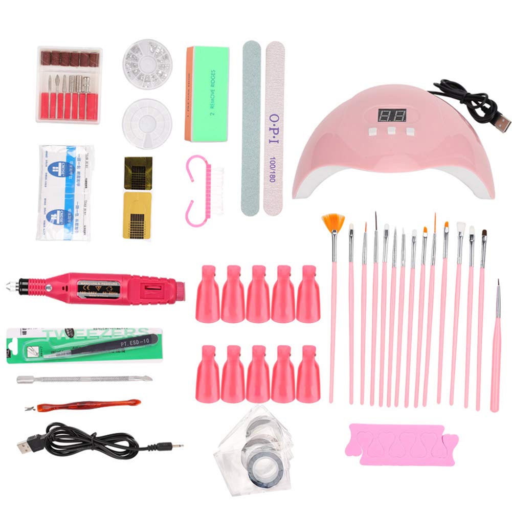 Kit De Uñas Arte Herramientas, Kit De Uñas para Manicura con Lámpara UV 54W Bloque De Pulido Uñas De Estrás Juego De Limas De Uñas Pinceles para Uñas