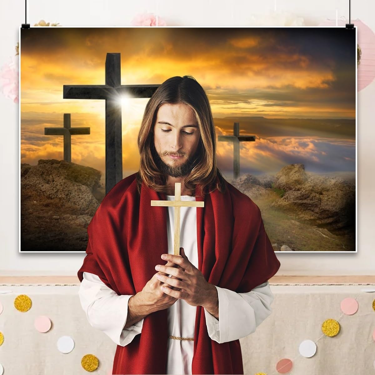 Vie Savaran Foto-Hintergrund 'Christus-Kreuz' 2,7x1,8 M - Weiß, Polyester, Für Studio, Kirche, Events
