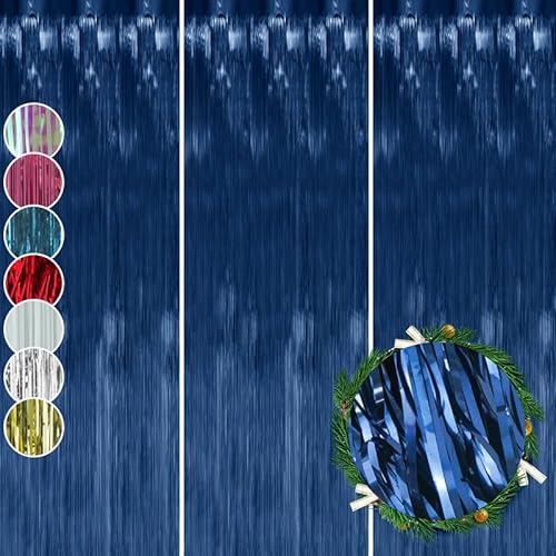 Hovuk Dark Blue 3Pk Foil Fringe Curtain 50Cm - Tinsel Lametta Backdrop For Birthday Party, Graduation, Christmas Room Decor, Wedding Decorations, Streamer Curtain For Photo Booth And Event Backdrop