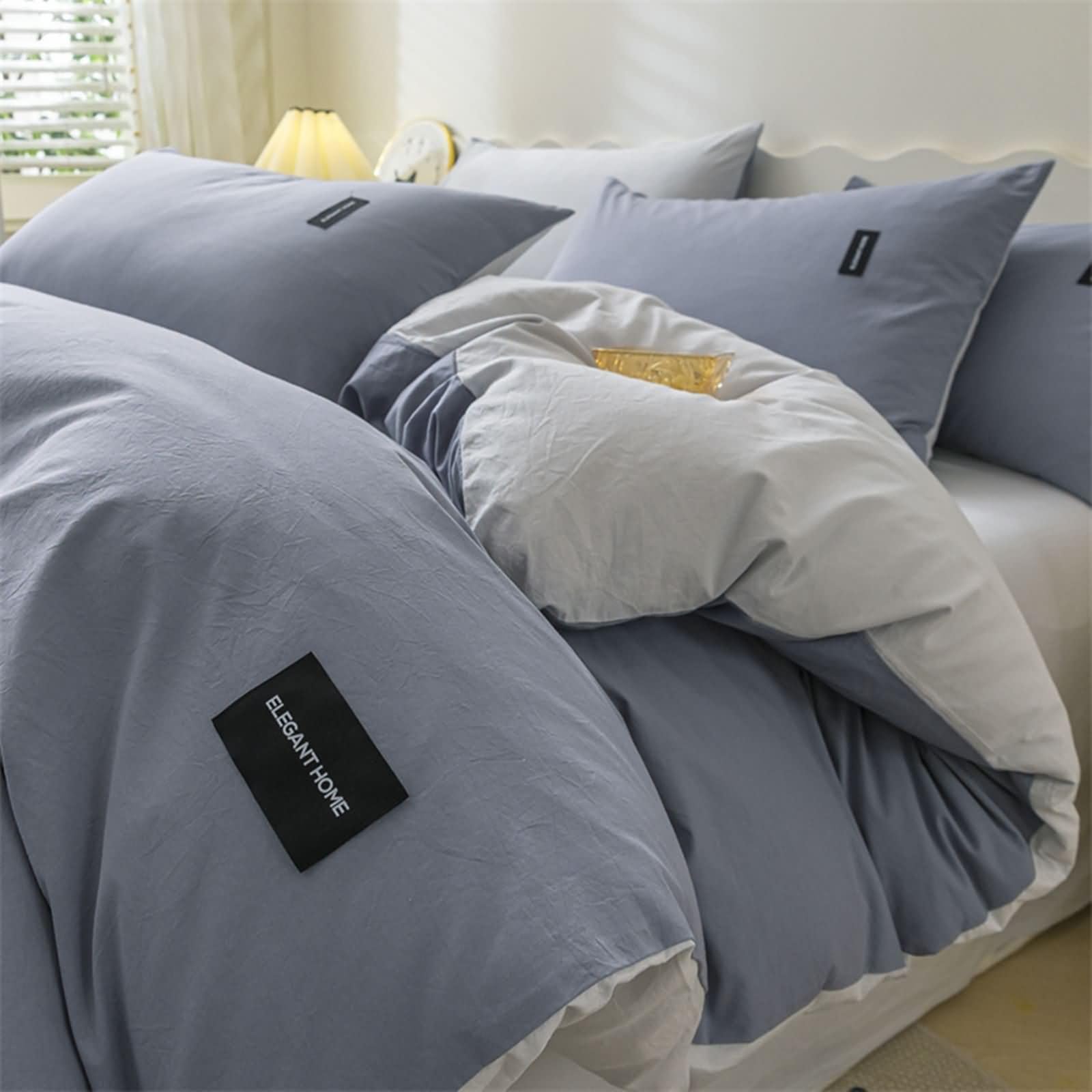 Parure complète 4 pièces pour lit 180 cm en coton confortable gris bleu