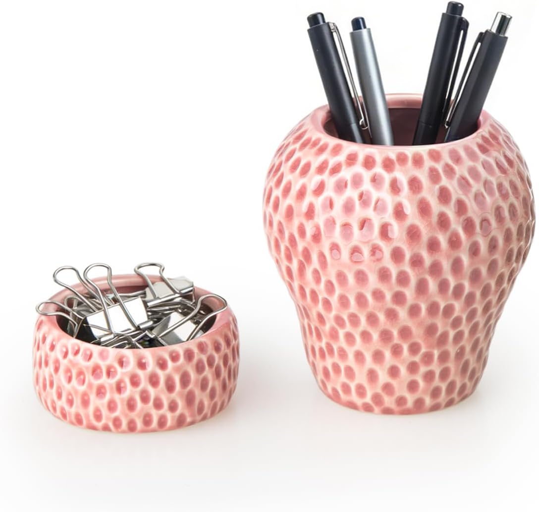 Ceramic Paper Clip Holder, Strawberry Pen Holder Set, Desktop Aesthetic Creative Storage Set of 2, Office Home Decor(Pink)