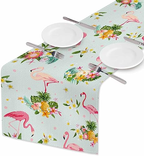 Miniatura 2 de HOSNYE Camino de mesa rosa flamenco y flores tropicales, camino de mesa de lino de algodón para decoración de cocina, mesa familiar, mesa de