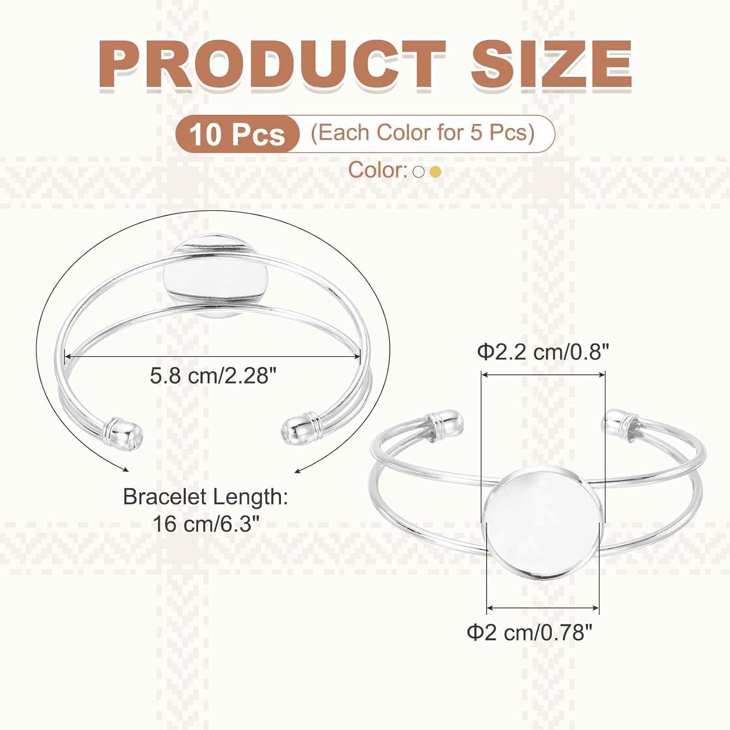 MECCANIXITY 10 Pcs Bezel Tray Blank Bracelet Setting, 20mm Adjustable Round Tray Setting Blank Bangle for DIY Jewelry Making Crafting Bracelets, Gold/Silver