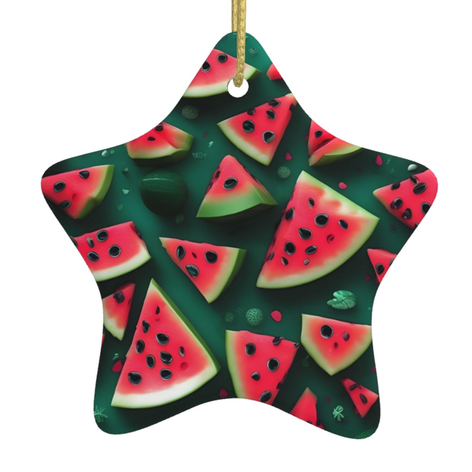 Dream Watermelon Christmas Ceramic Star Pendant with Punched Holes and Gold Wire Rope, Christmas Tree Home Decoration