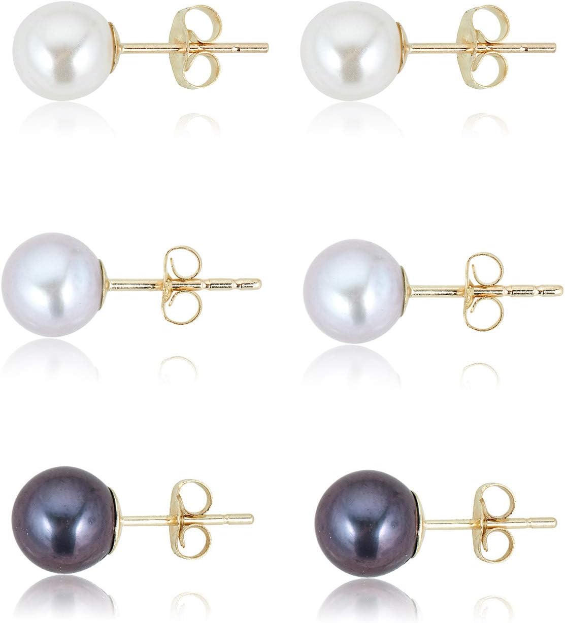 AVORA 10K Yellow Gold Cultured Freshwater Pearl in White, Gray & Black - Three Pair Earrings Set