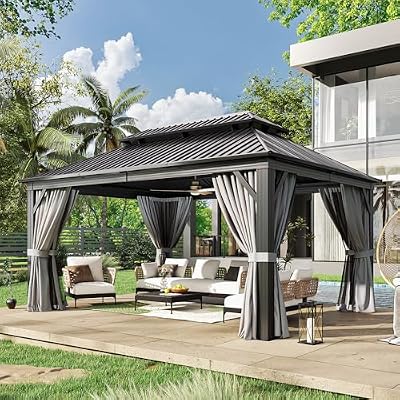 Jolydale 12' X 16' Hardtop Gazebo with Mosquito Netting and Curtains, Outdoor Gazebos with Double Roof, Galvanized Steel Permanent Aluminum Gazebo, for Gardens, Decks, Patios, Parties