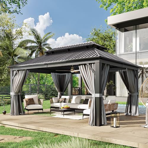 Jolydale 12' X 16' Hardtop Gazebo with Mosquito Netting and Curtains, Outdoor Gazebos with Double Roof, Galvanized Steel Permanent Aluminum Gazebo, for Gardens, Decks, Patios, Parties