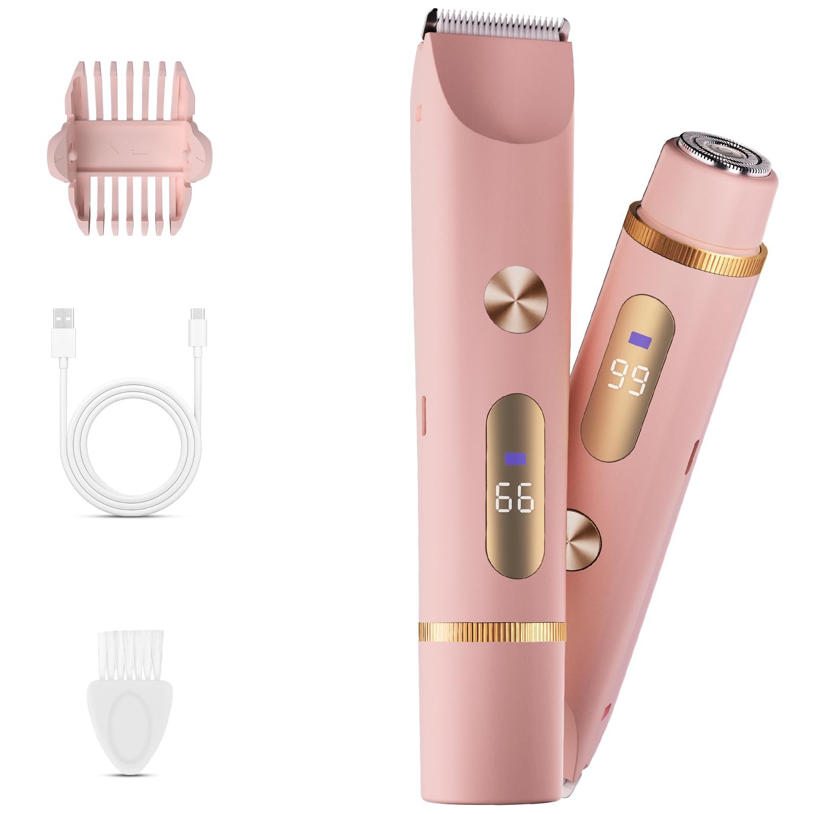 Bikini Trimmer for Women, 2 in 1 Electric Shaver for Women, Rechargeable Electric Razor Body Hair Trimmer Wet & Dry Use Pink
