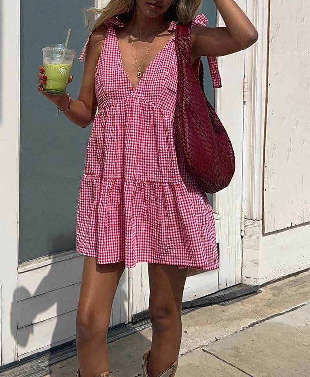 Image of Women Tie Shoulder Mini Dress Floral Ruffle Babydoll Dress Boho Square Neck Sundress Cute Summer Dresses