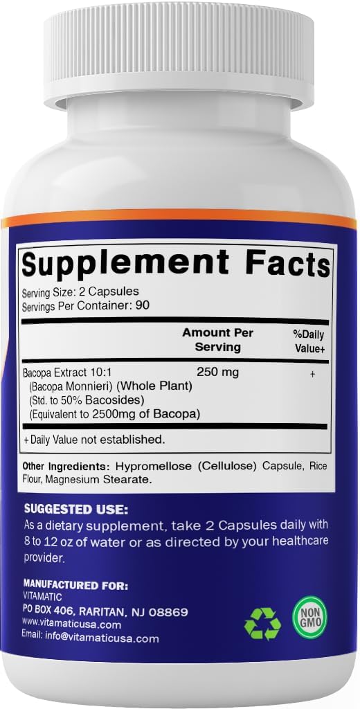 Vitamatic Bacopa Monnieri 2500 mg Equivalent Per Serving (from 10:1 Extract 250 mg) Nootropic Herbal Supplement - 50% Bacosides, Non-GMO & Gluten Free - 180 Vegetable Capsules - Image 8