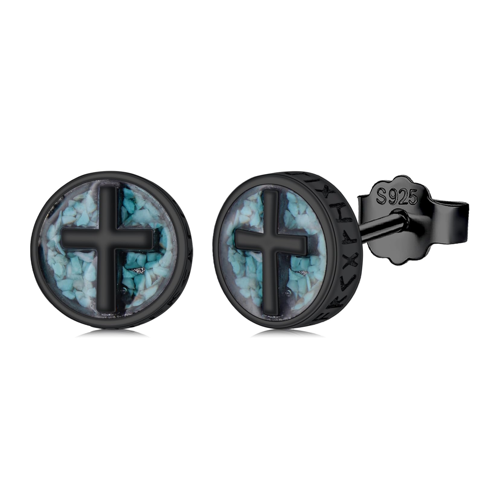Midir&Etain Kreuz/Ankh/Frieden/Wikinger Ohrstecker für Herren Damen 925 Sterling Silber Schwarz Ohrringe mit Türkis Schmuck Geburtstags Vatertag Geschenk für Vater Jungen