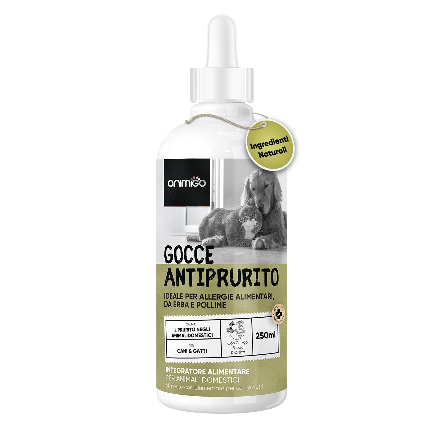Gocce Antiprurito per Cani e Gatti, 250ml di Gocce Appetibili, Dermatite Cane e Gatto, Allergie, Polline, Eruzioni Cutanee, Prurito con Gingko Biloba, Mirtillo, Ortica Adatto a Tutte le Razze e Taglie