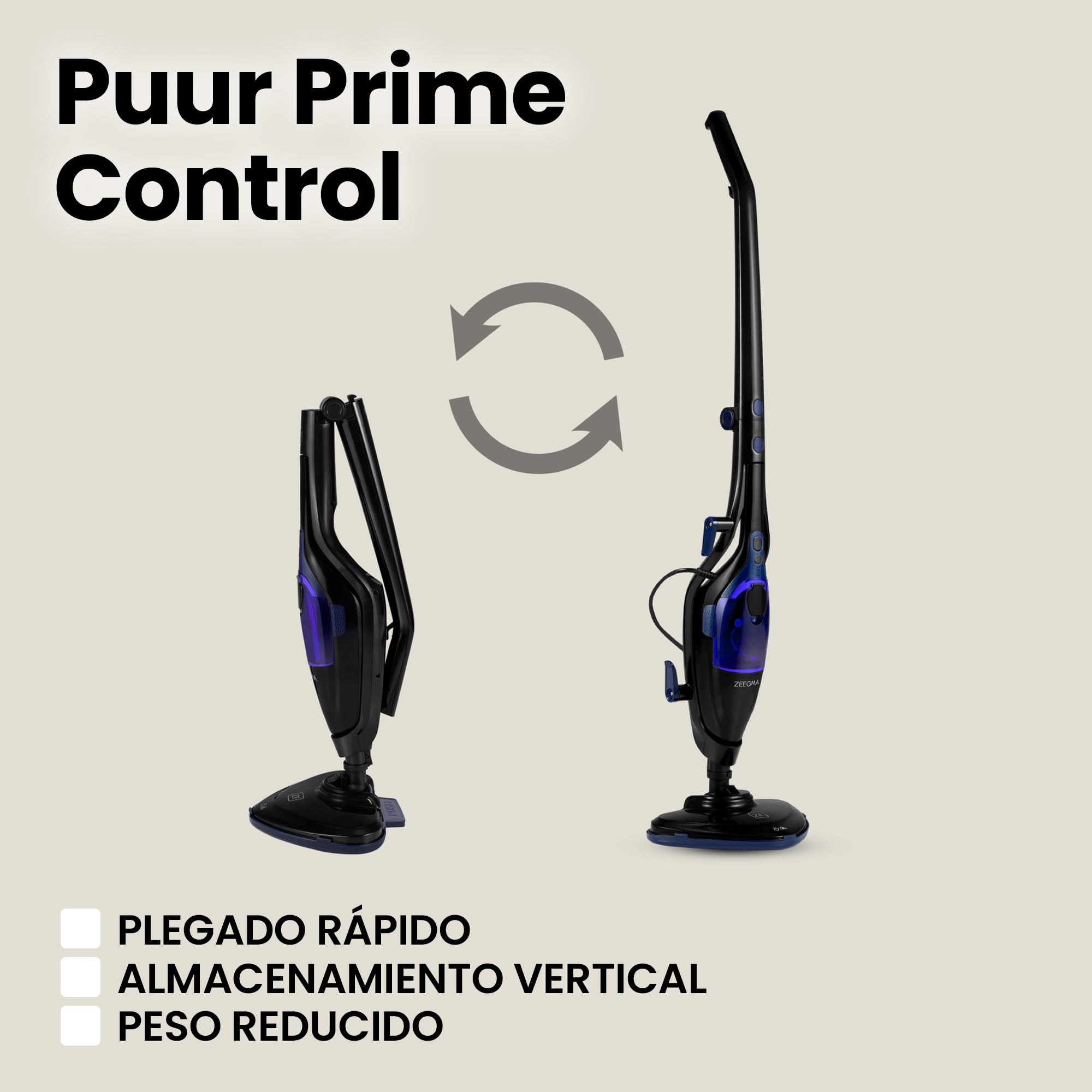 ZEEGMA Puur Prime Control – Mopa de Vapor 2 en 1 con 13 Accesorios, 1500 W, Depósito Extraíble 400 ml, Calentamiento 20 s, 3 Niveles de Vapor, Cabezal Giratorio, Cable 7 m – Limpieza sin Químicos
