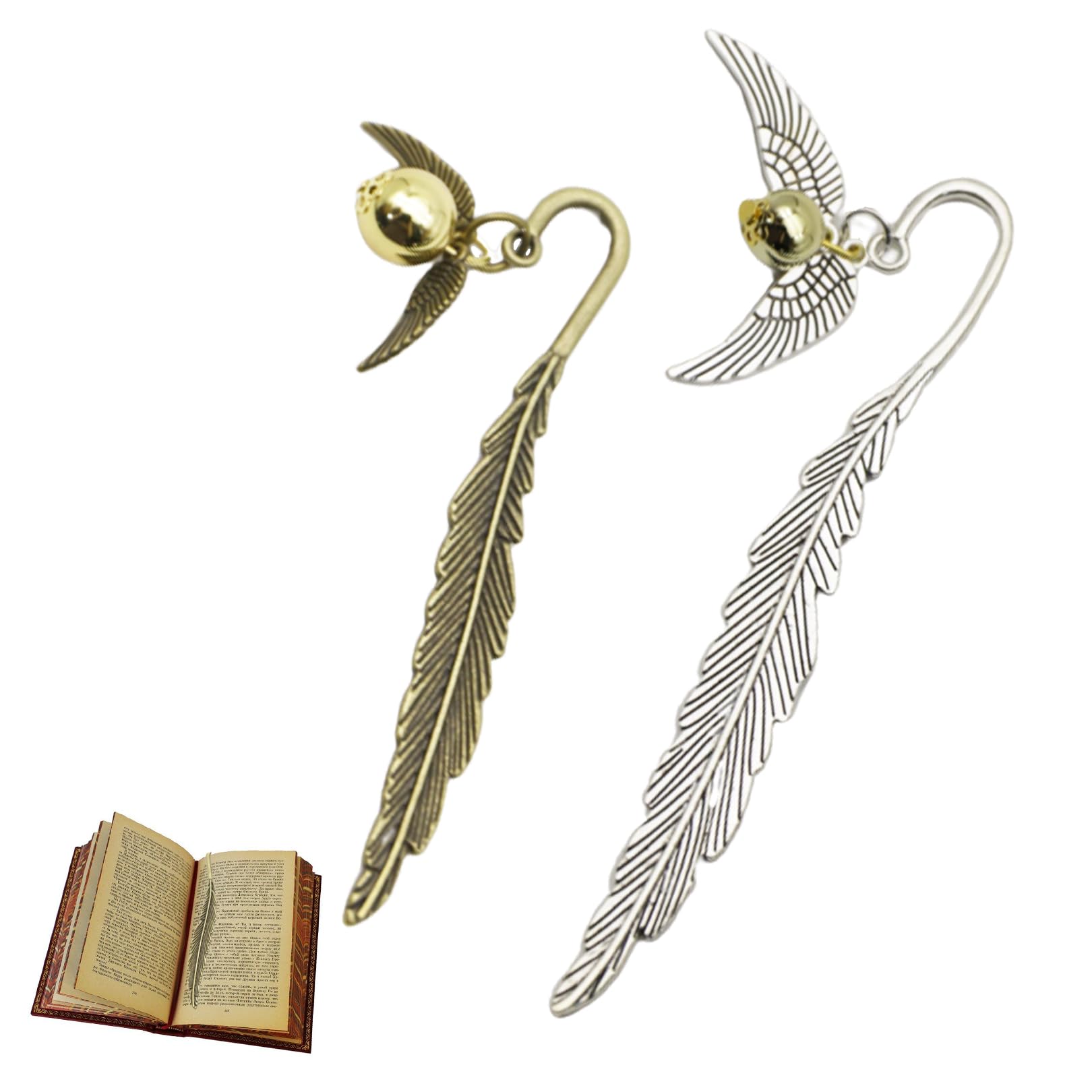 2 marcapáginas de snitch doradas, marcadores de metal con diseño de plumas, marcadores, marcapáginas, regalos personalizados para lectores, niños, amigos, magos, niñas, mujeres, estudiantes,