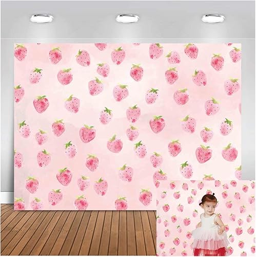 Miniatura 2 de Telón de fondo de fresa rosa para niñas, decoración de fiesta de cumpleaños, fondo de fotografía de fresa, suministros de baby shower, decoración de