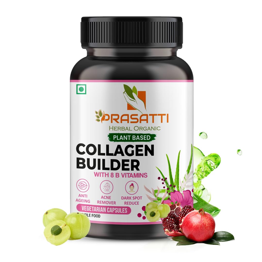 Prasatti Herbal Organic Plant Based Collagen Builder with Glutathione, NAC, Biotin & Hyaluronic Acid for Renewed & Radiant Skin & Hair - 90 Veg Capsules
