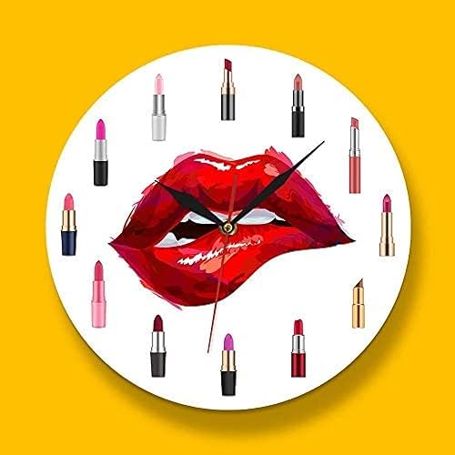 Miniatura 5 de Reloj de pared moderno con labios rojos bonito lápiz labial impresión decorativo redondo para maquillaje salón de belleza negocios arte moda para