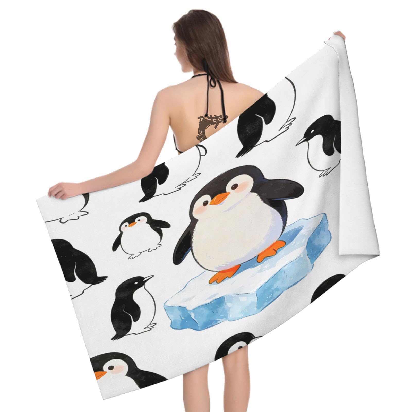 Leichong 3D Penguin Print Beach Towel Large Microfiber Soft Quick Dry for Adults, Cartoon Bath Towel Lightweight Soft Absorbent for Travel Swimming Pool Sports, 180 x 90 cm