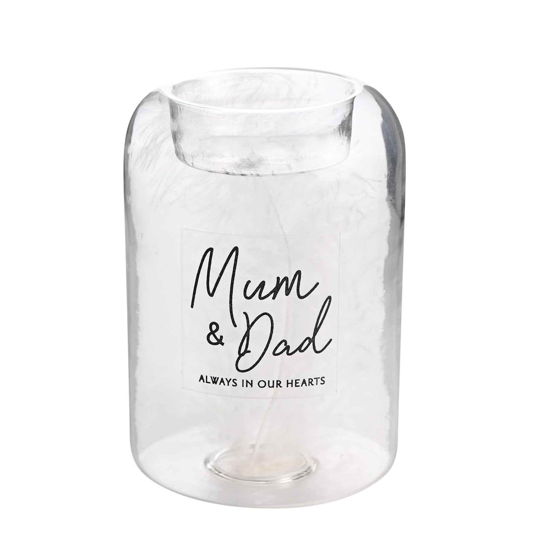 Widdle Gifts Clear Glass Memorial Tea Light Candle Holder With Feather Inside - Memorial Sentimental Tealight Holder - Comes Boxed For Protection (Mum And Dad Always In Our Hearts 4396)