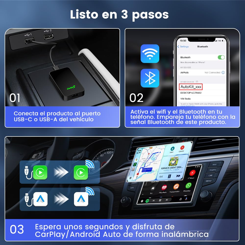Carlinkit 2026 5.0 Carplay Inalambrico y Adaptador Android Auto Inalambrico,Adaptador inalámbrico 2 en 1convierte con Cable a inalámbrico,con actualización en línea,para iOS 10+ & Android 12+