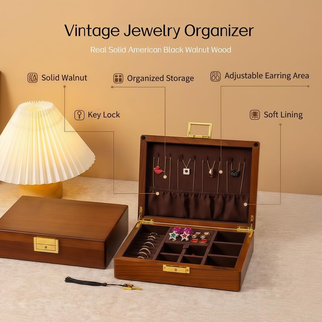Solid Black Walnut Jewelry Box with Lock and Key Large Capacity Vintage Wooden Organizer for Women and Men Ring Necklace Earring Cufflink Storage Removable Dividers Gift for Christmas - Image 3