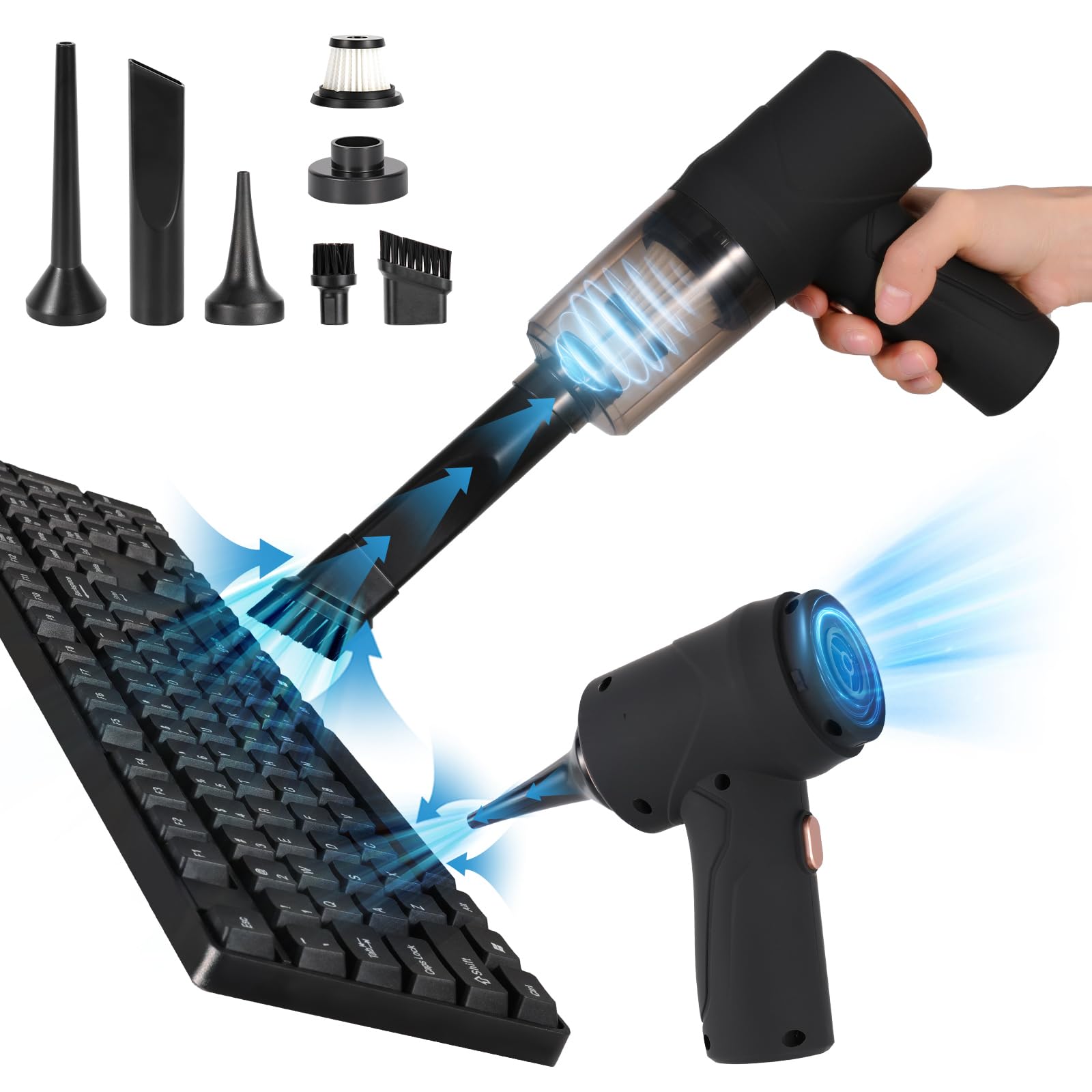 diwaite Compressed Air Duster, Blower and Vacuum 3-in-1, Cordless Keyboard Cleaner, USB Rechargeable Electric Air Duster for Car, Computer, Home and Office Dust Cleaning(Updated-002)