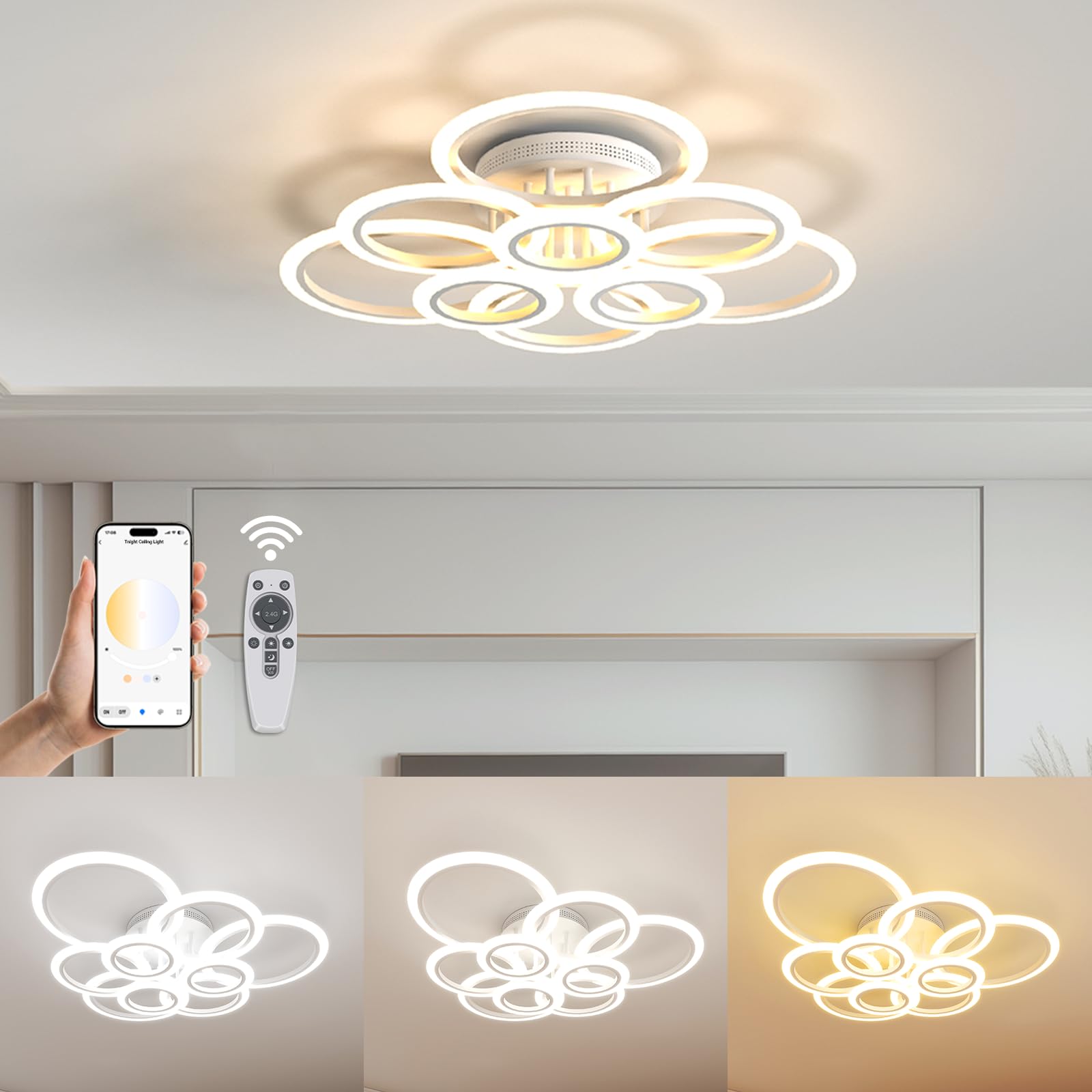 Tnight Moderne Deckenleuchte mit Fernbedienung & Smart App,9 Ringe 120W LED Dimmbare Rund Groß Hell Deckenlampe,2700K-7000K,Deckenlampen fur Wohnzimmer Schlafzimmer Küche mit Memory Funktion